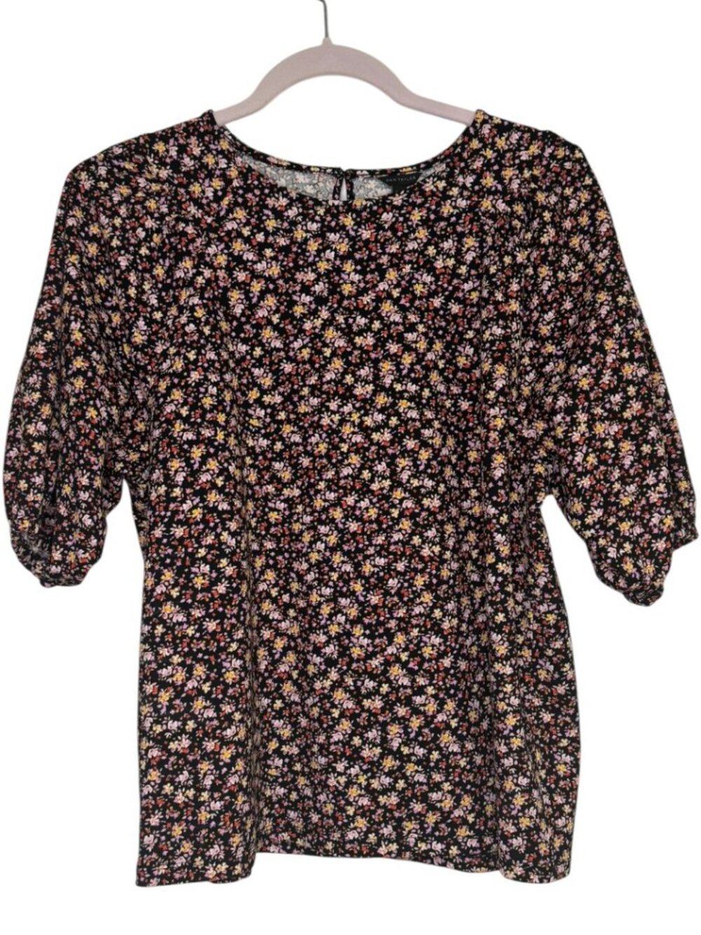 Ann Taylor Floral Print Puff-Sleeve Short Sleeve Blouse - Size Large